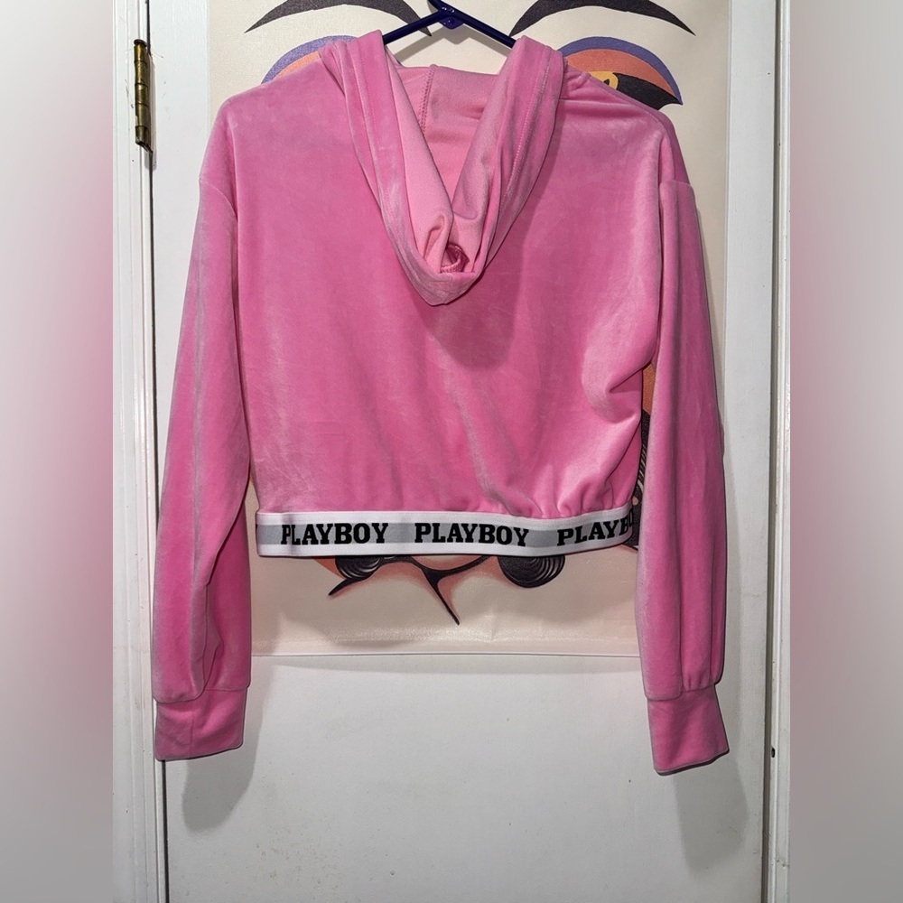 NWT Playboy Rhinestone Velour Cropped Pink Hoodie Small - Picture 6 of 6
